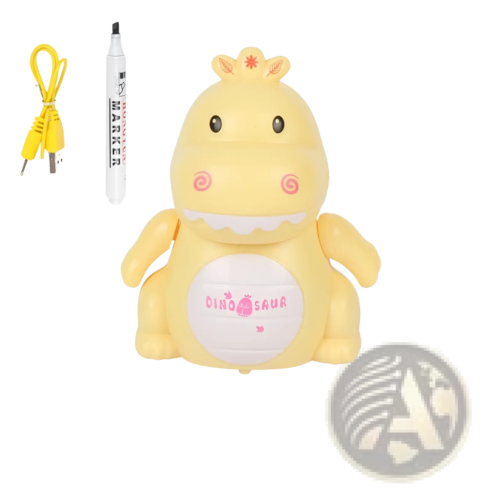 Yellow plastic dinosaur-shaped electronic marker with pink cheeks and dino saur text for inductive robot penguin toy