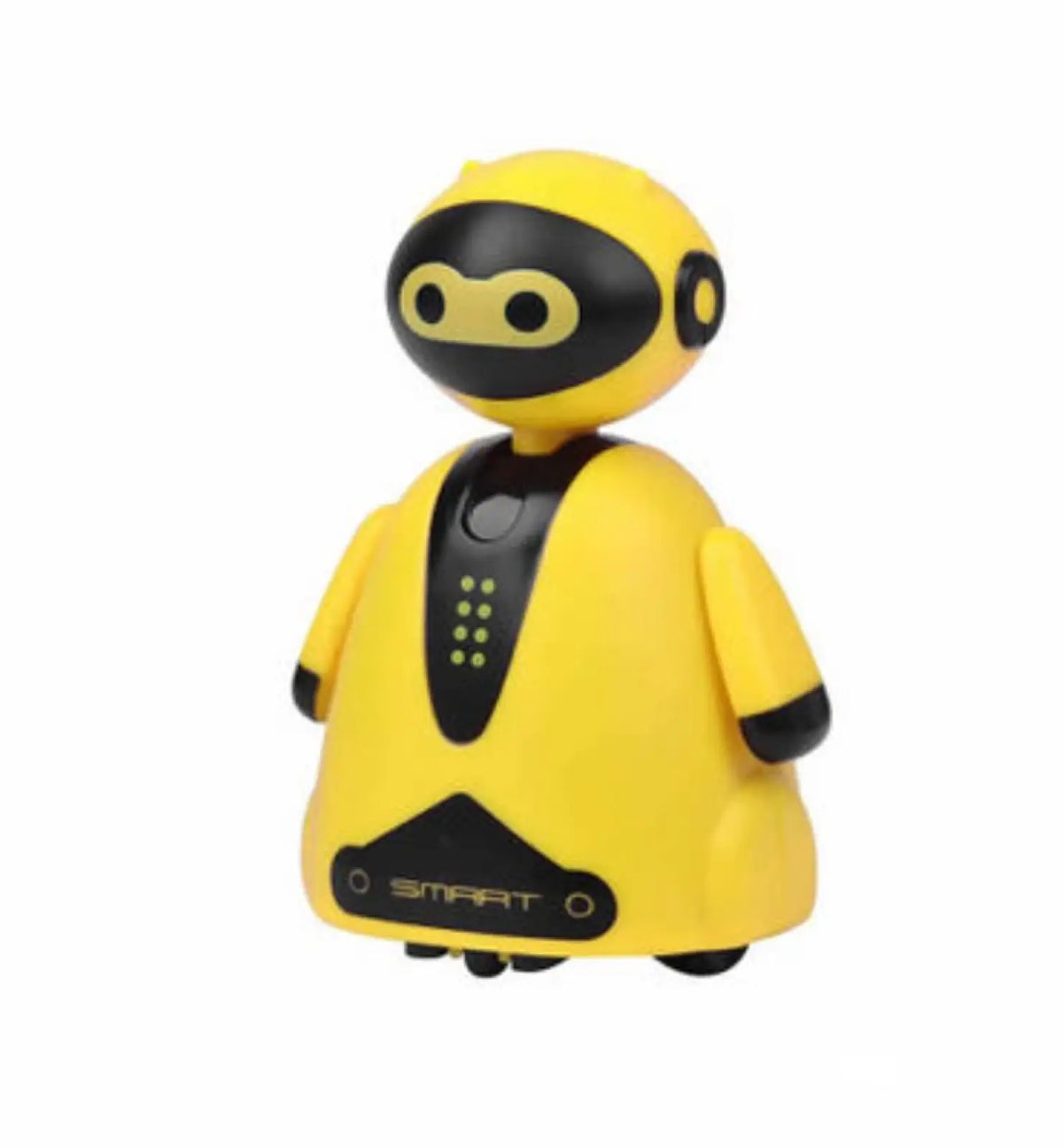 Yellow and black inductive robot penguin toy with rounded head and glowing green lights following black lines