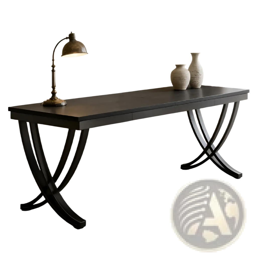 Industrial double computer desk with black curved metal legs and dark wood top for workspace organization
