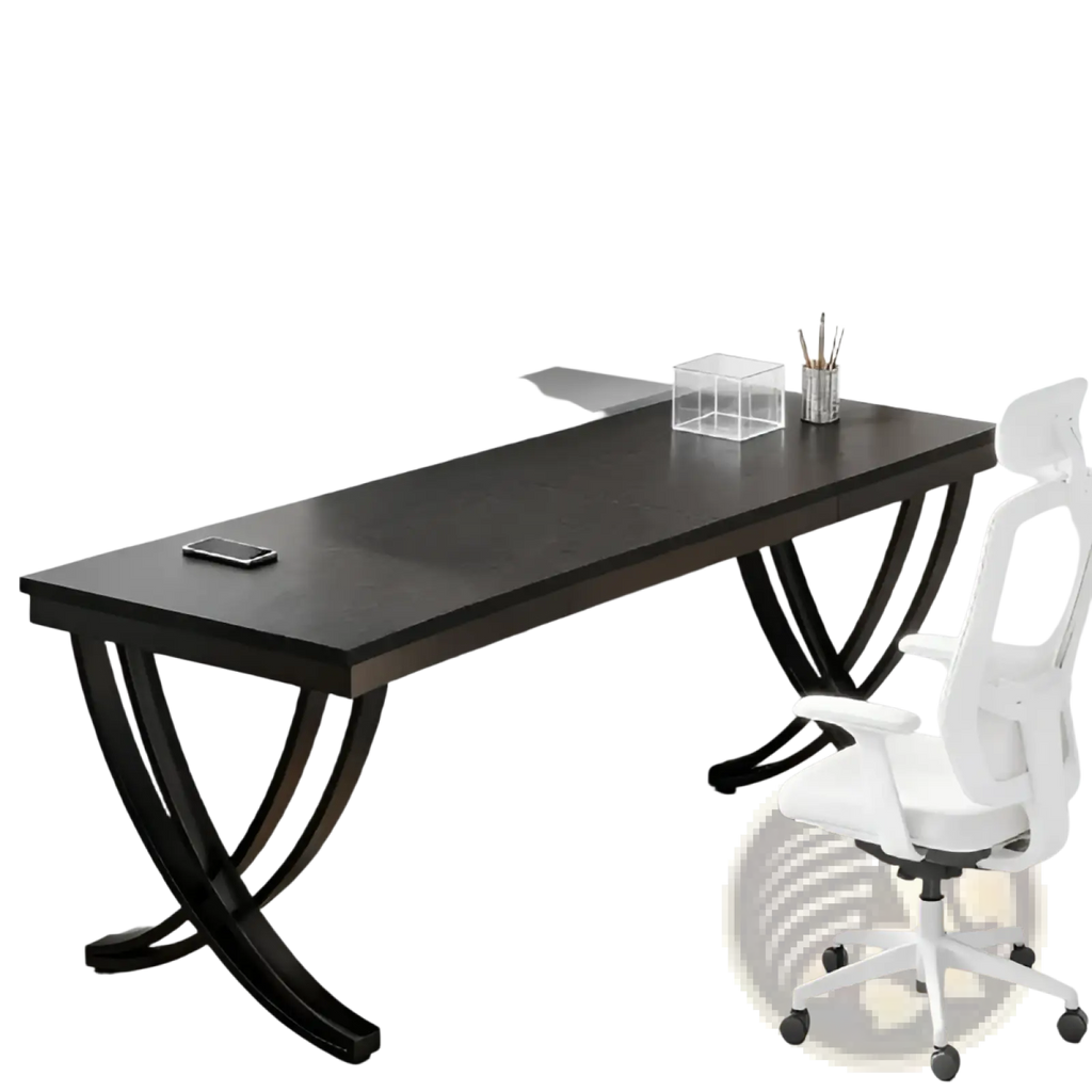 Black industrial double computer desk with curved x-shaped metal legs and smooth dark wood finish
