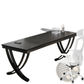 Black industrial double computer desk with curved x-shaped metal legs and smooth dark wood finish