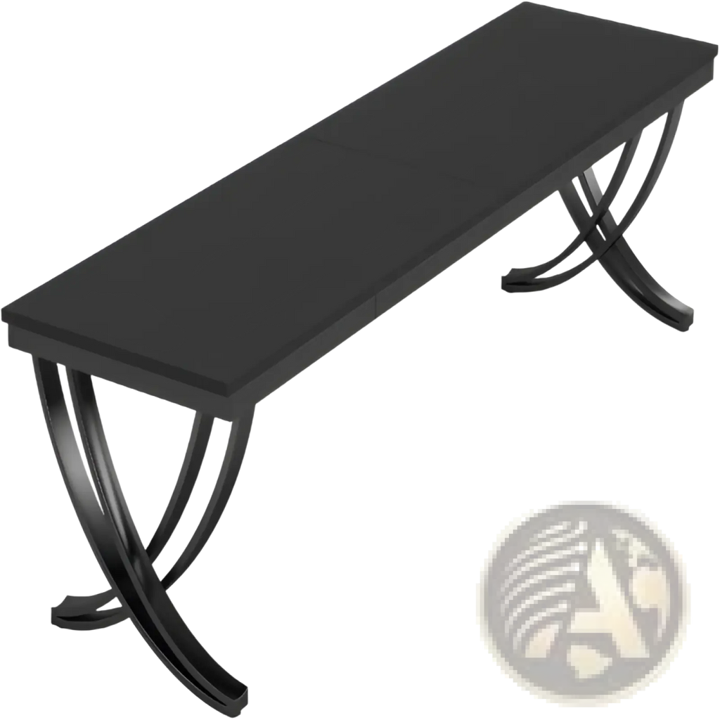 Black lacquered industrial double computer desk with curved x-shaped metal legs for sturdy support