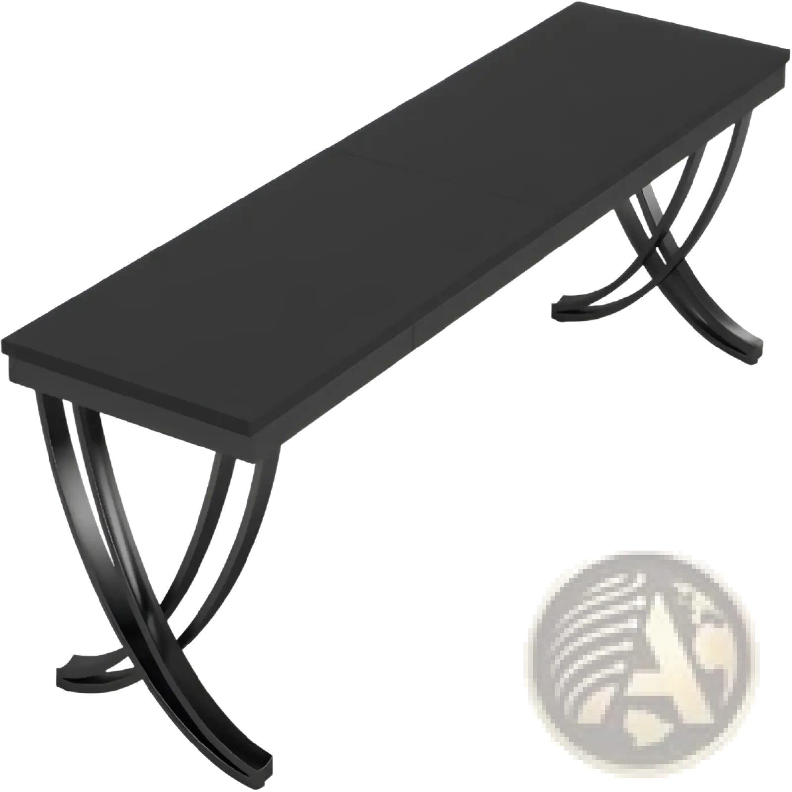 Black lacquered industrial double computer desk with curved x-shaped metal legs for sturdy support