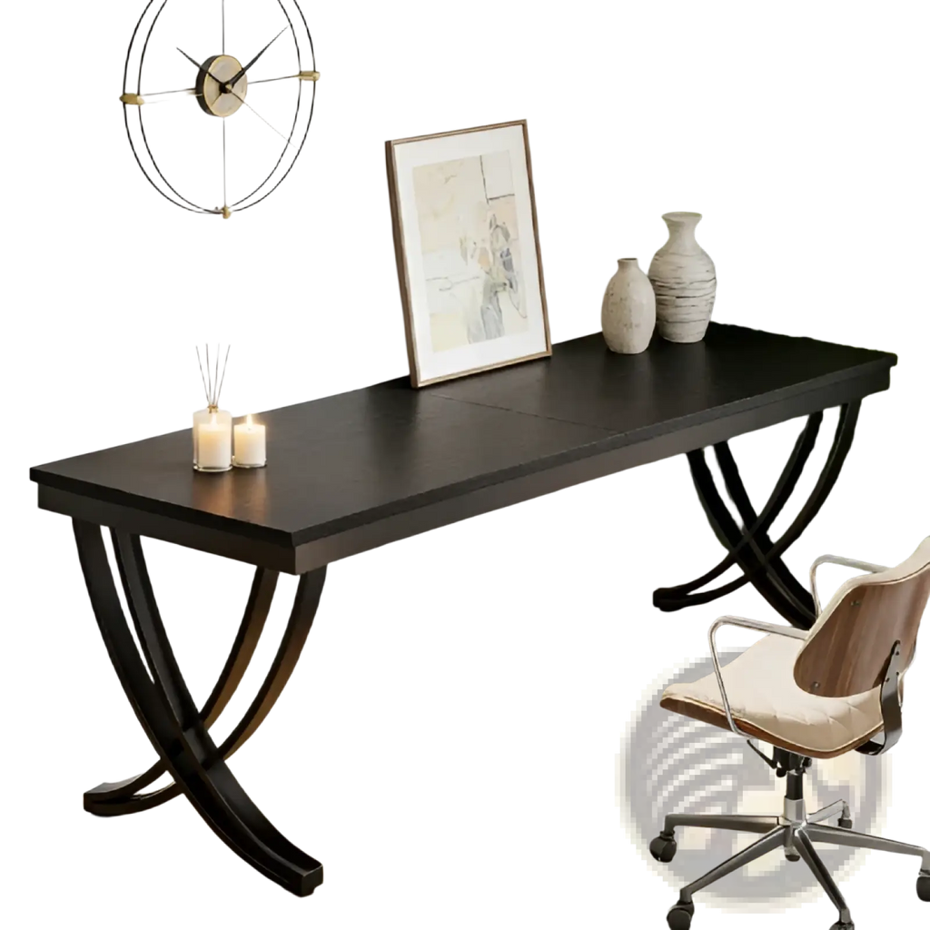 Black industrial double computer desk with curved metal legs and sleek modern design for office use