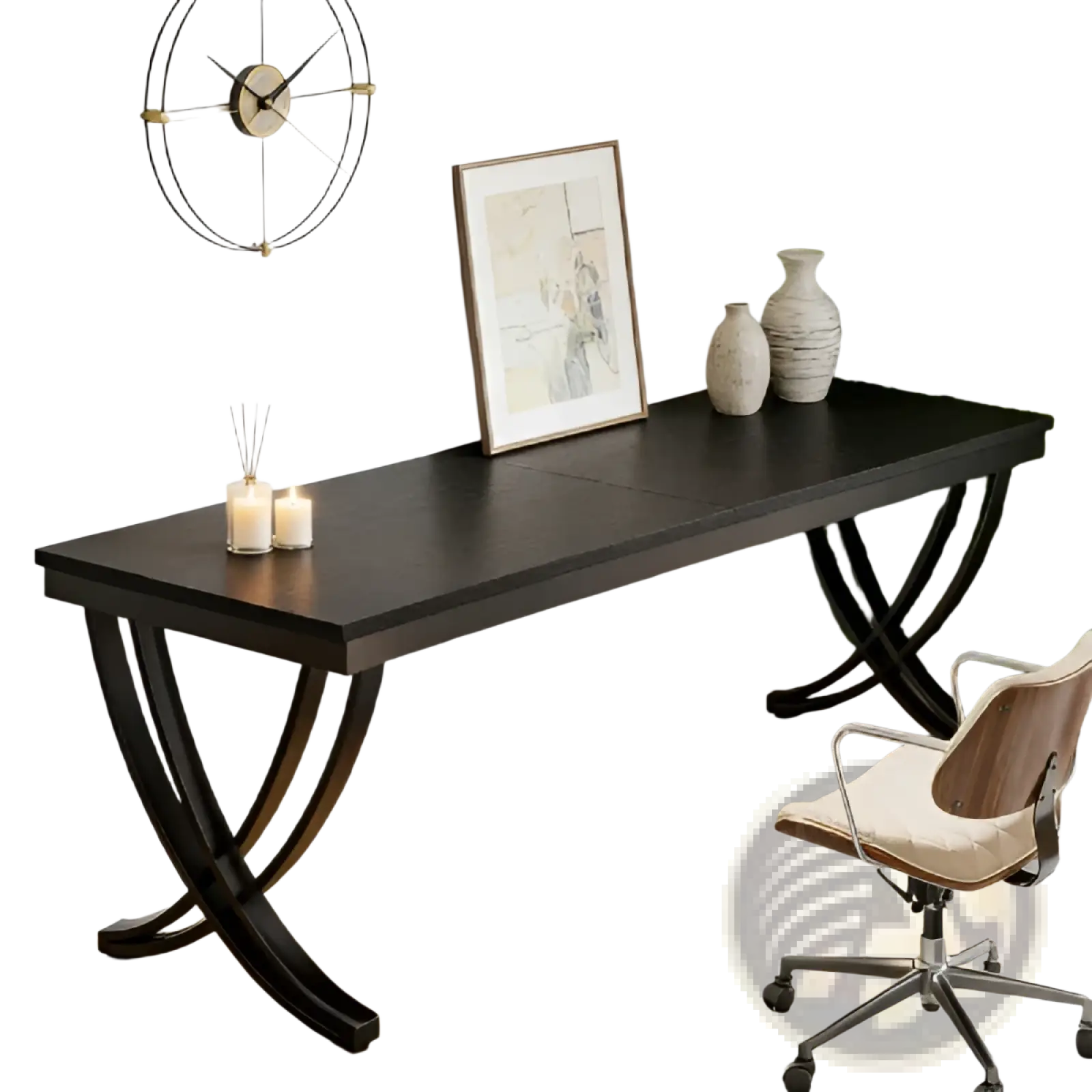 Black industrial double computer desk with curved metal legs and sleek modern design for office use