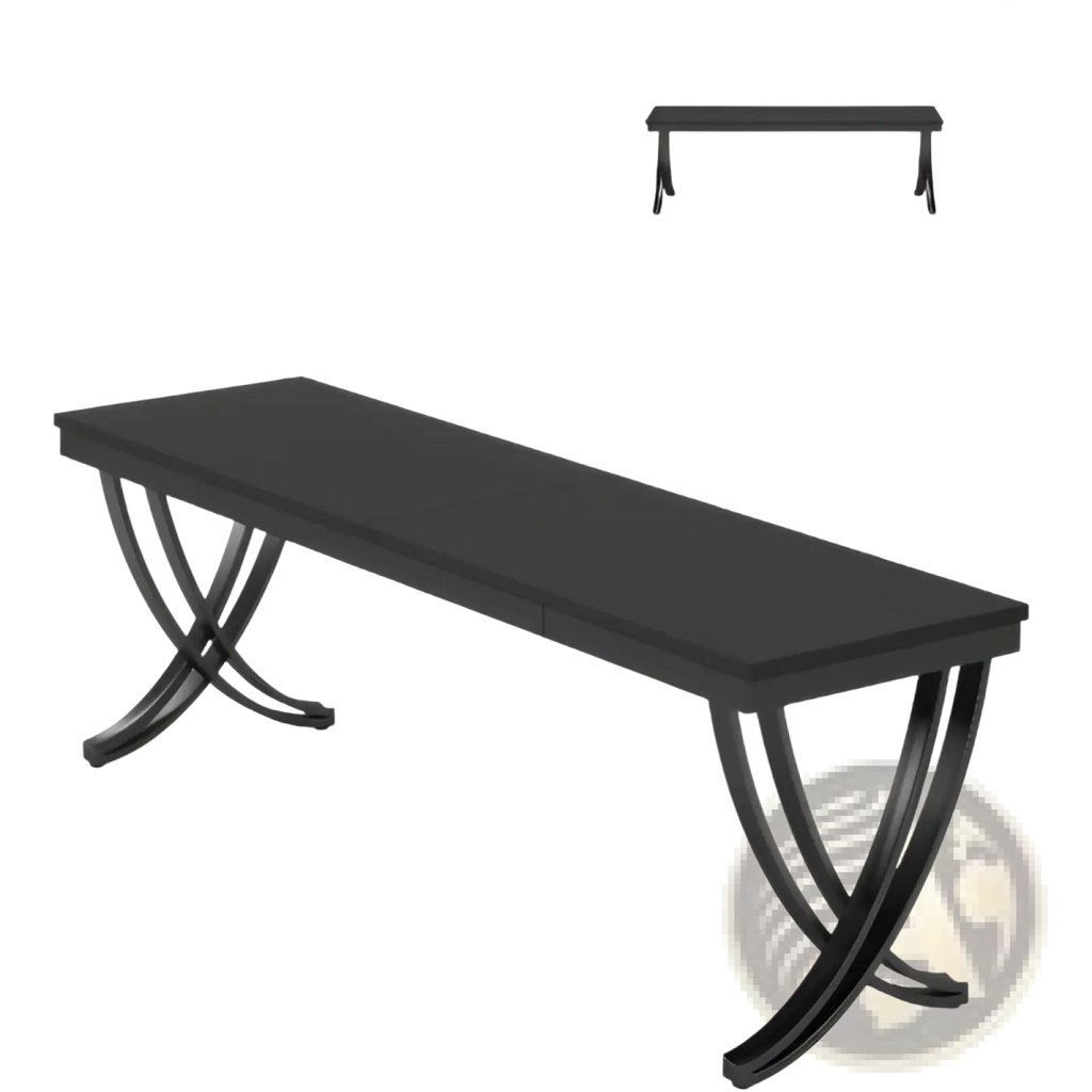 Black metal bench with curved x-shaped legs and rectangular seat featured in industrial double computer desk with metal legs