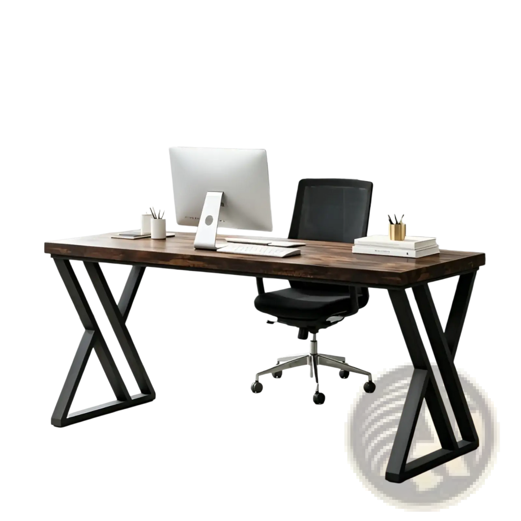 Industrial writing desk 55 inch with dark wood top and black x-shaped metal legs for a modern workspace
