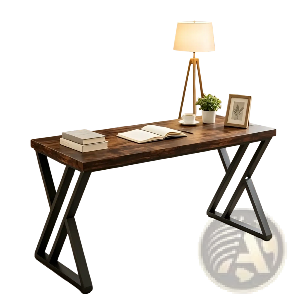 Industrial writing desk 55 inch dark wood table with black x shaped metal legs for a sturdy workspace