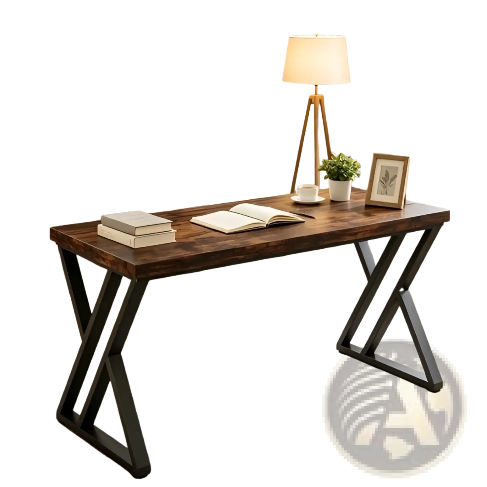 Industrial writing desk 55 inch dark wood table with black x shaped metal legs for a sturdy workspace
