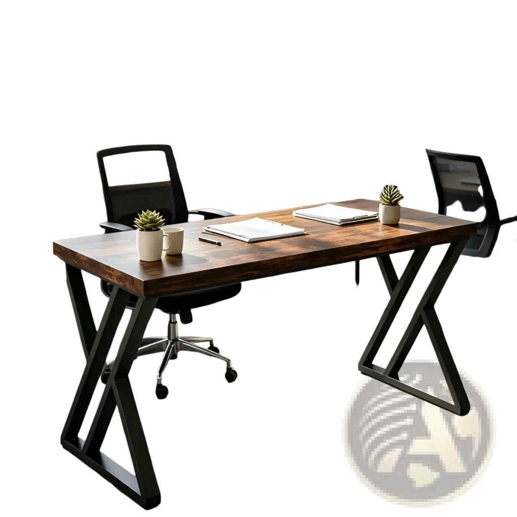 Industrial writing desk 55 inch with dark wood tabletop and black x-shaped metal legs for a modern workspace