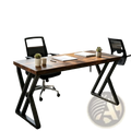 Industrial writing desk 55 inch with dark wood tabletop and black x-shaped metal legs for a modern workspace