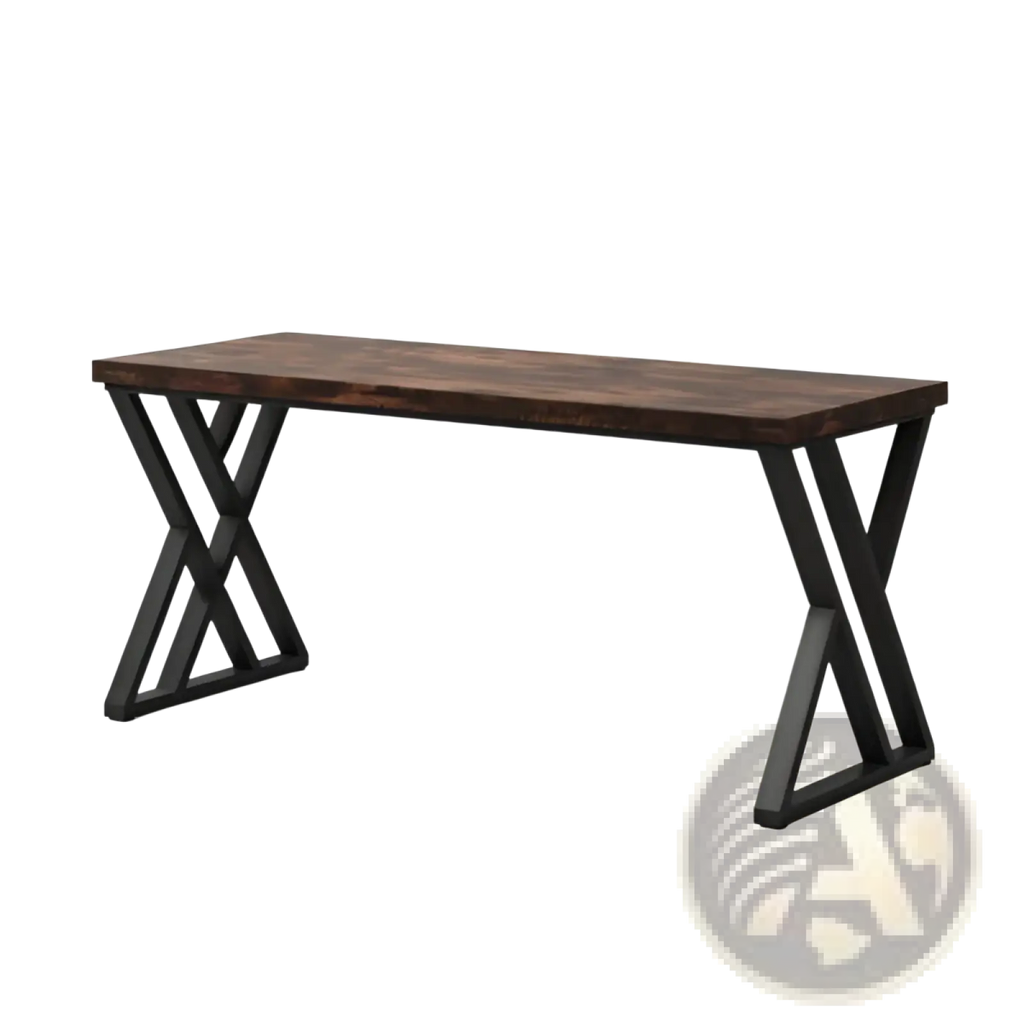 Industrial writing desk 55 inch with dark brown wooden top and black metal x-shaped legs for workspace use