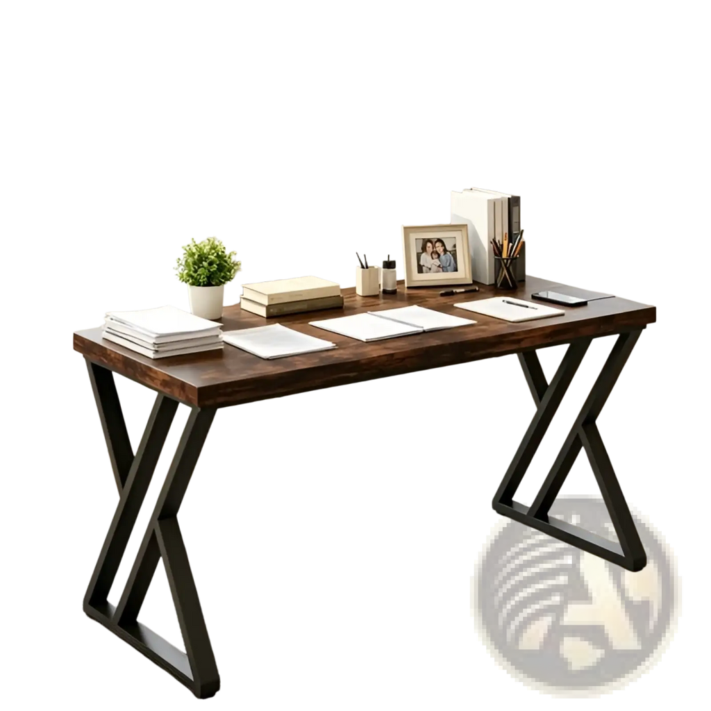 Industrial writing desk 55 inch dark wood table with black x-shaped metal legs and a sturdy modern design