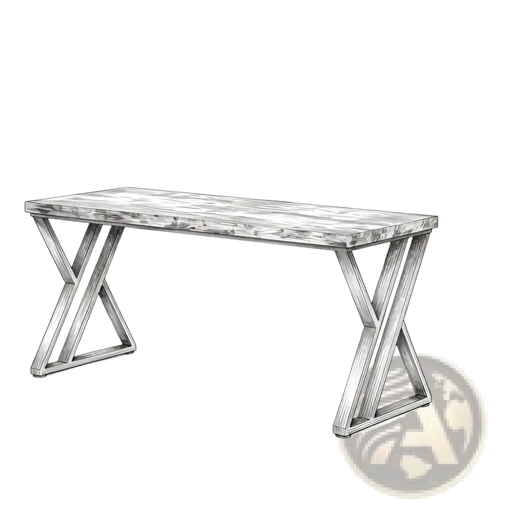 Industrial writing desk 55 inch dark wood table with rustic wooden bench and x-shaped metal legs dimensions marked