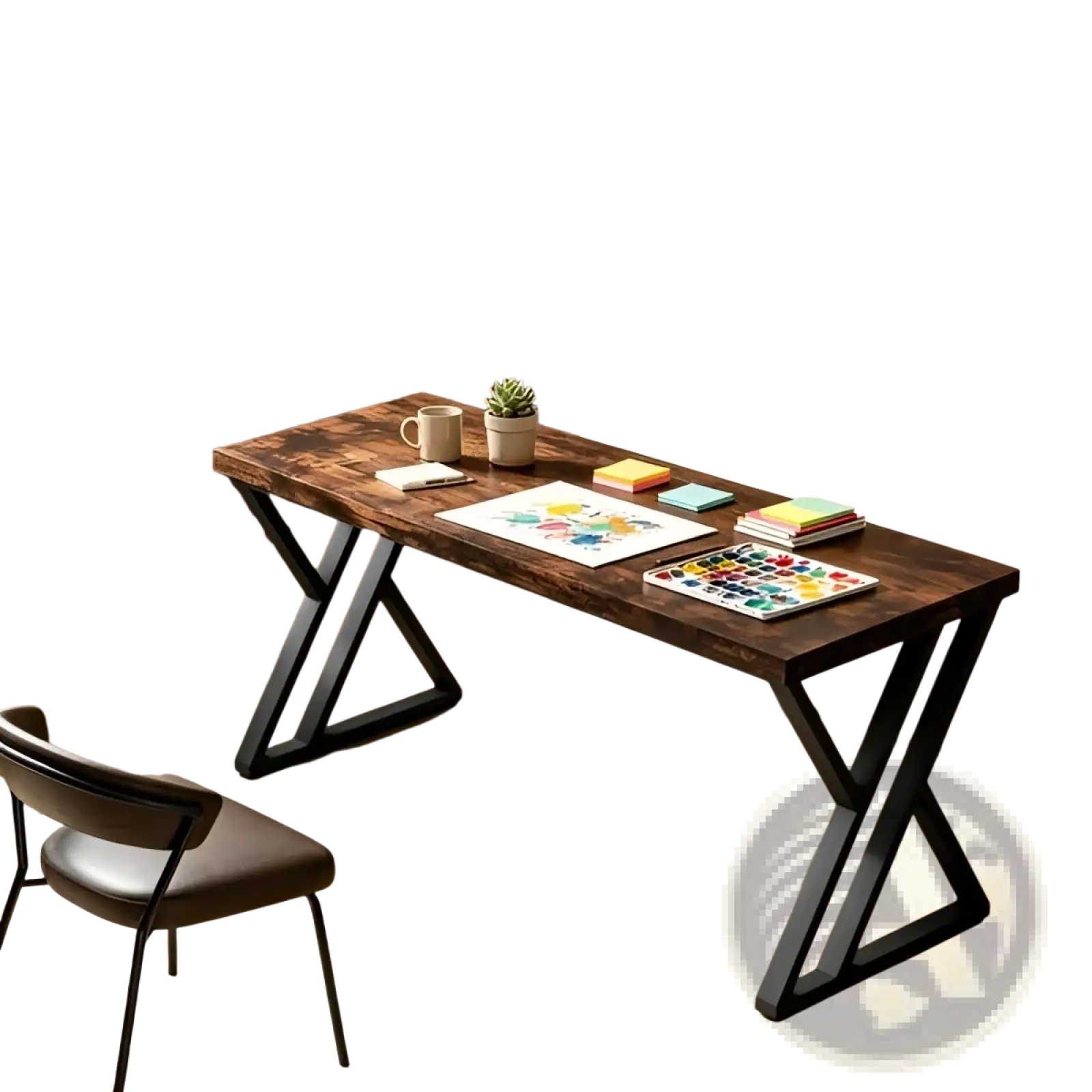 Industrial writing desk 55 inch dark wood table with rustic surface and black metal x-shaped legs for workspace use