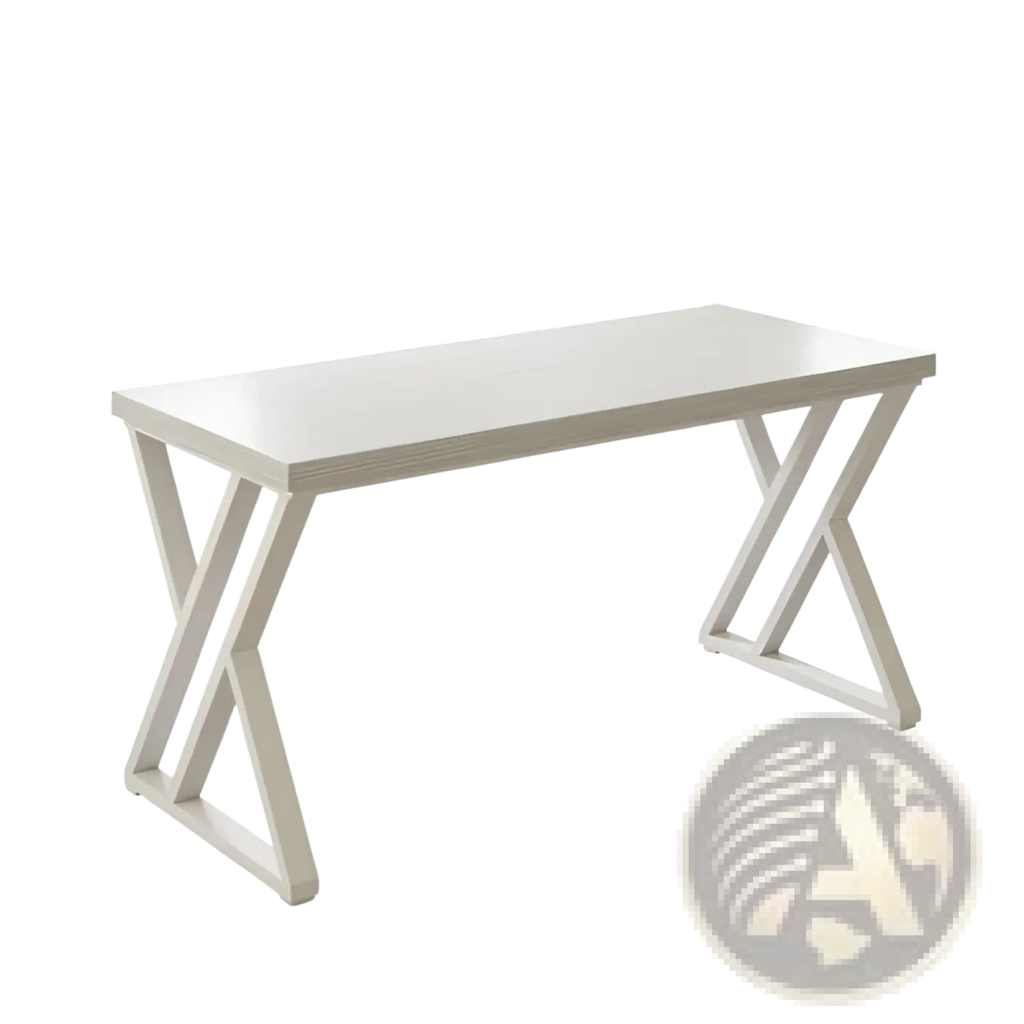 Modern industrial writing desk 55 inch white wood table with sleek x-shaped metal legs for home office use