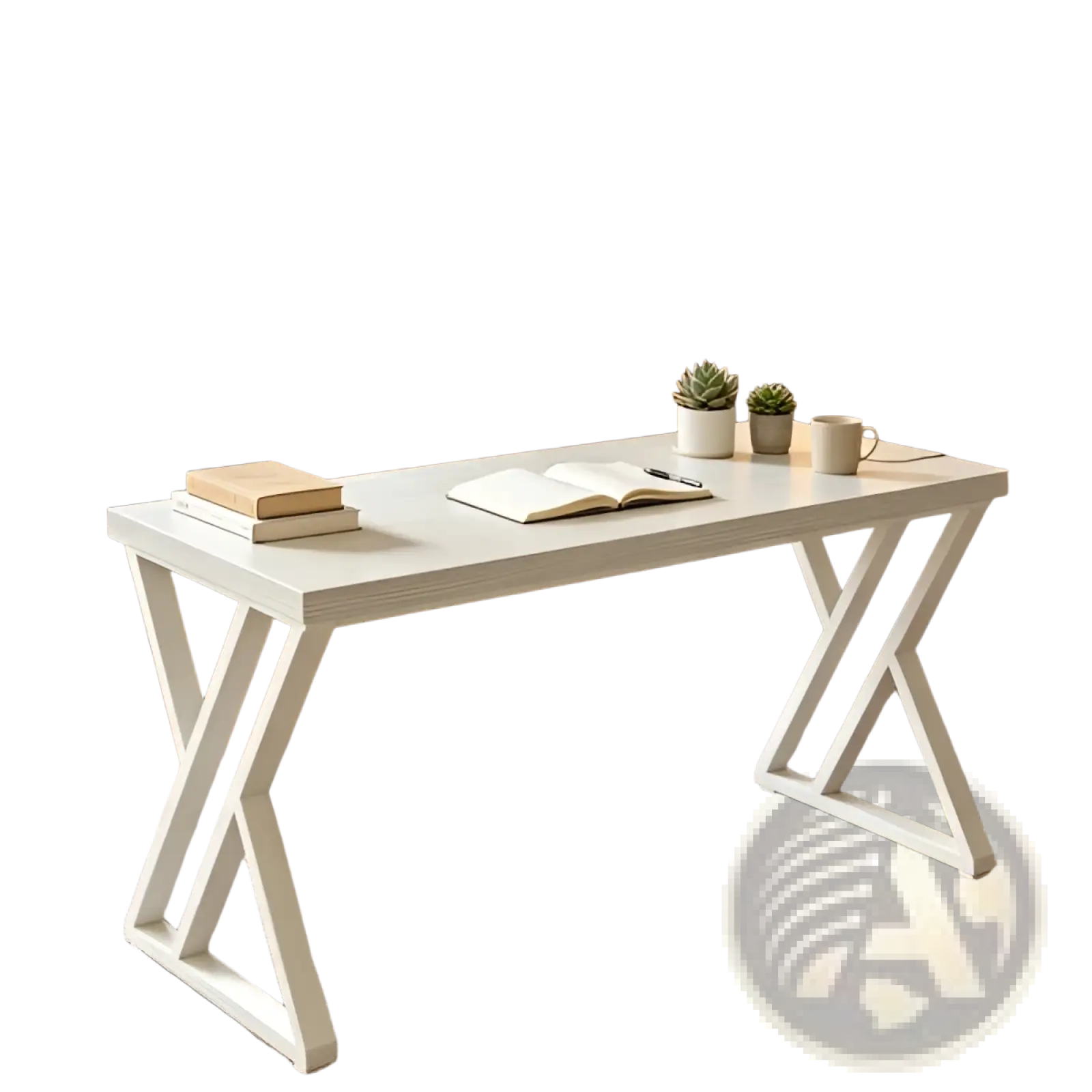 Industrial writing desk 55 inch white wood table with x-frame design, smooth minimalist surface, and sturdy wooden legs