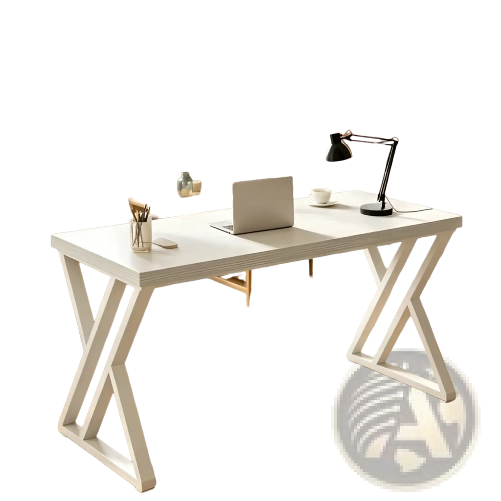 Industrial writing desk 55 inch white wood table with white x-frame and sleek minimalist smooth surface design