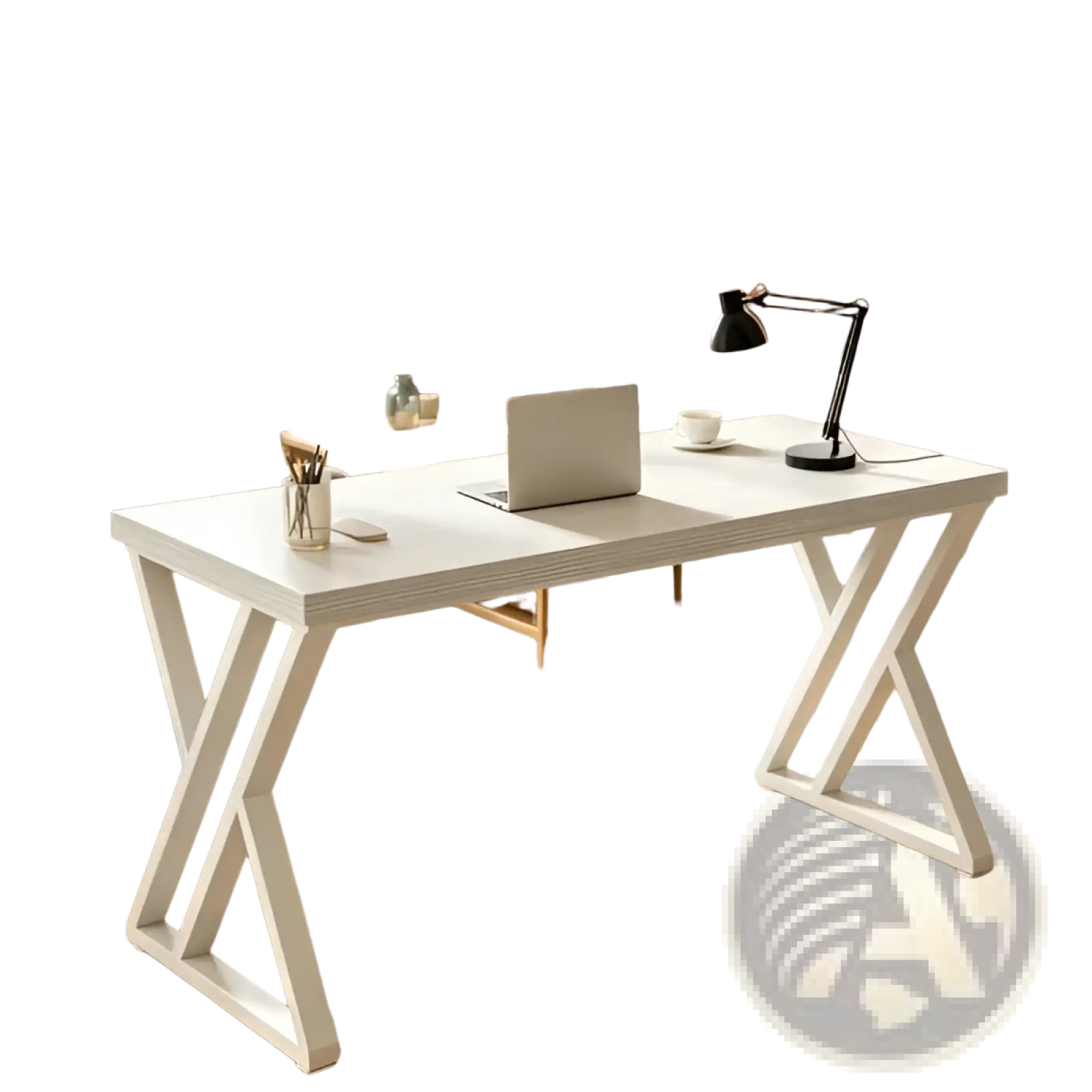 Industrial writing desk 55 inch white wood table with white x-frame and sleek minimalist smooth surface design
