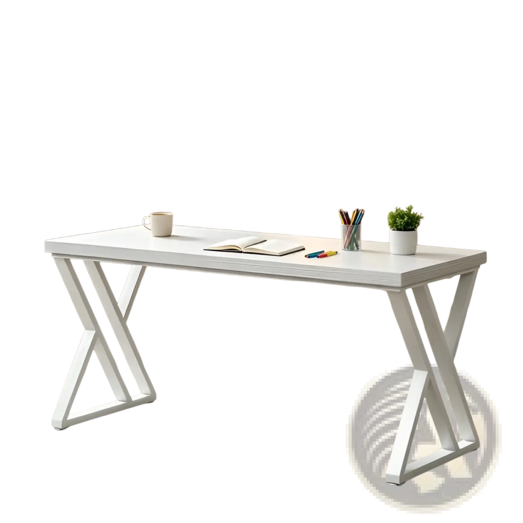 Industrial writing desk 55 inch white wood table with white x-shaped metal frame and smooth minimalist surface