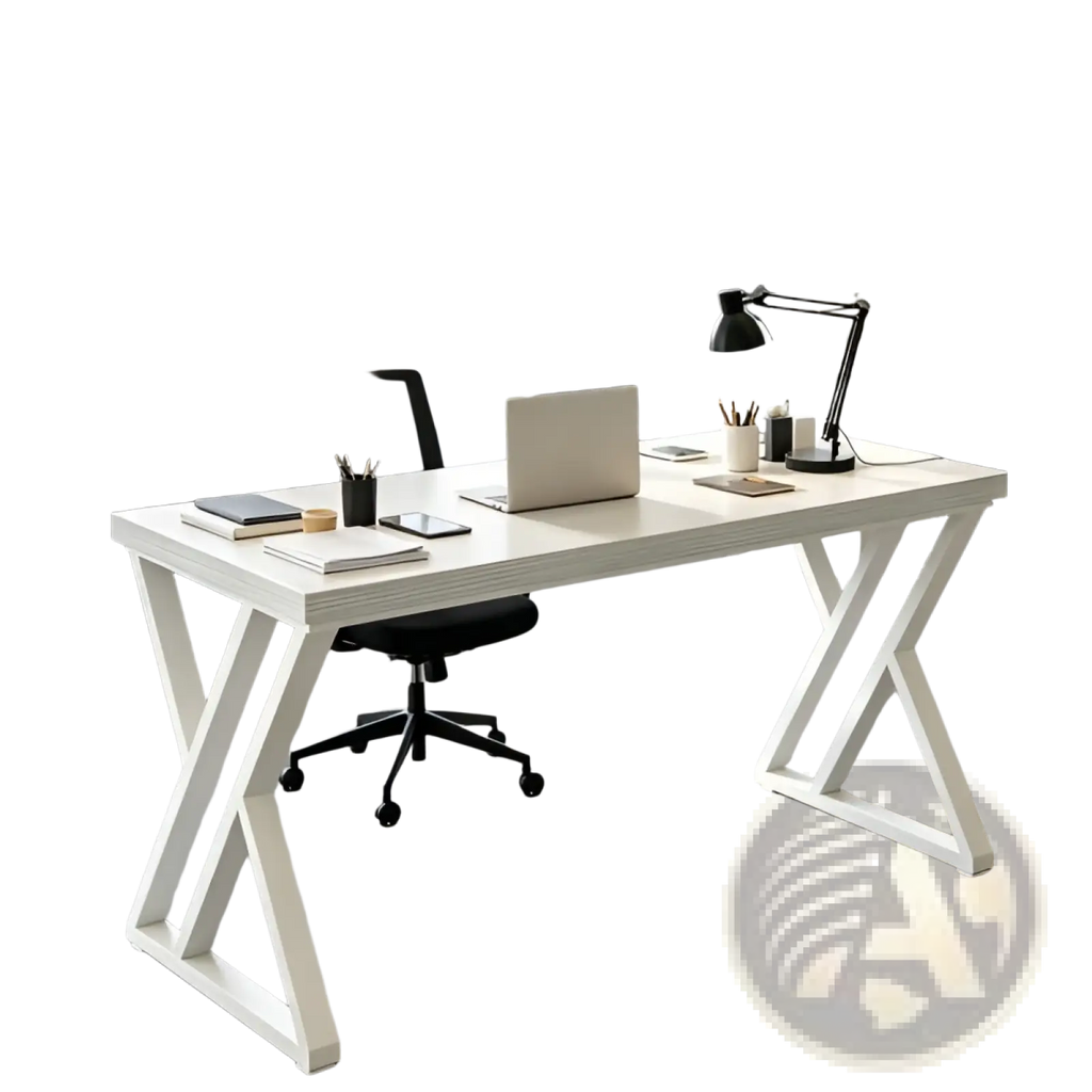 Industrial writing desk 55 inch white wood table with white x-shaped legs and a sleek modern minimalist design