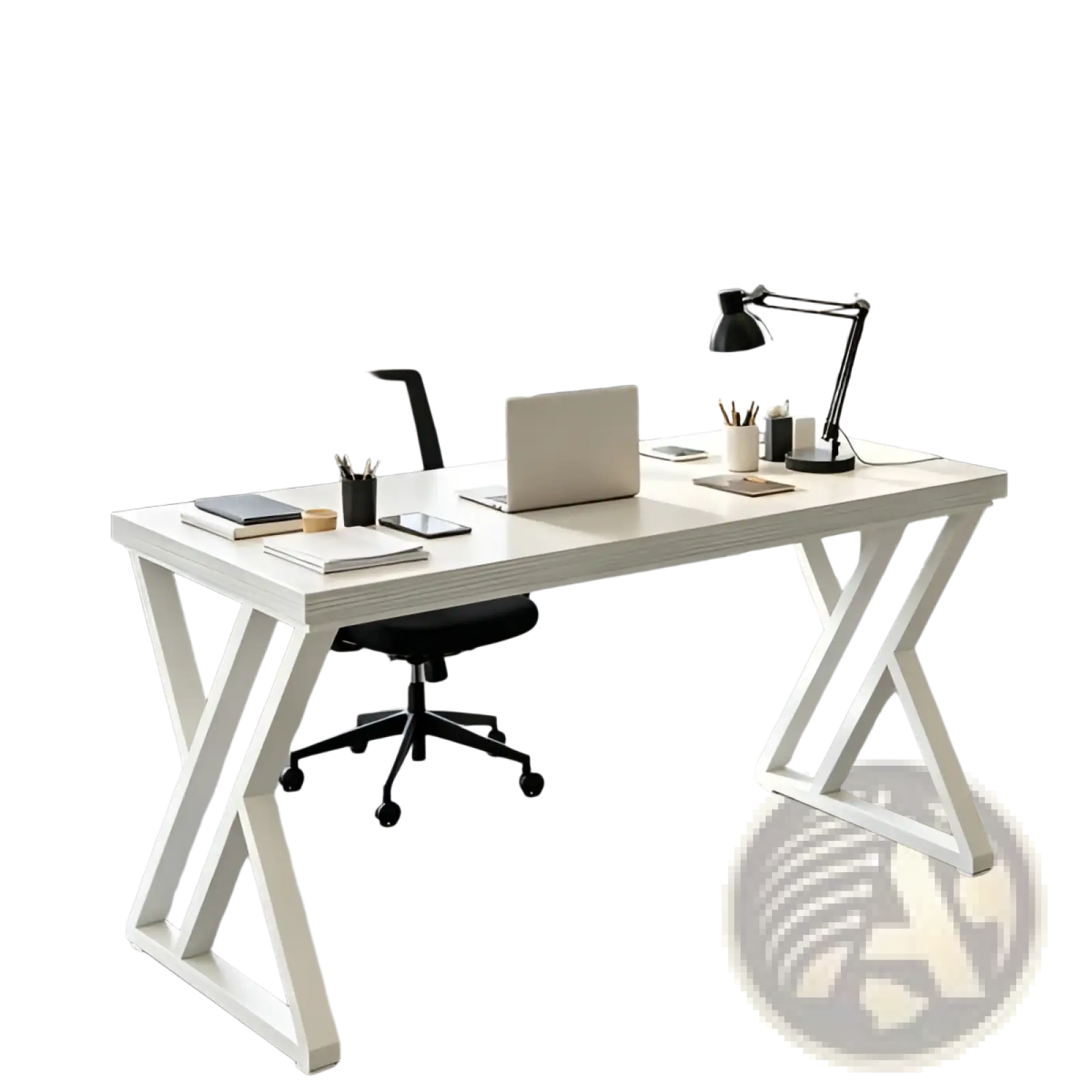Industrial writing desk 55 inch white wood table with white x-shaped legs and a sleek modern minimalist design