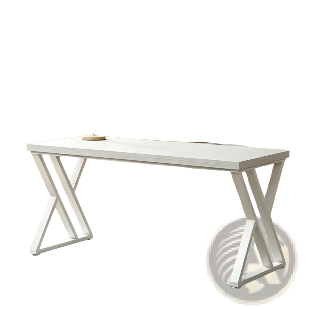 Industrial writing desk 55 inch white wood table with white x-shaped metal legs and a smooth minimalist tabletop