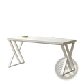 Industrial writing desk 55 inch white wood table with white x-shaped metal legs and a smooth minimalist tabletop