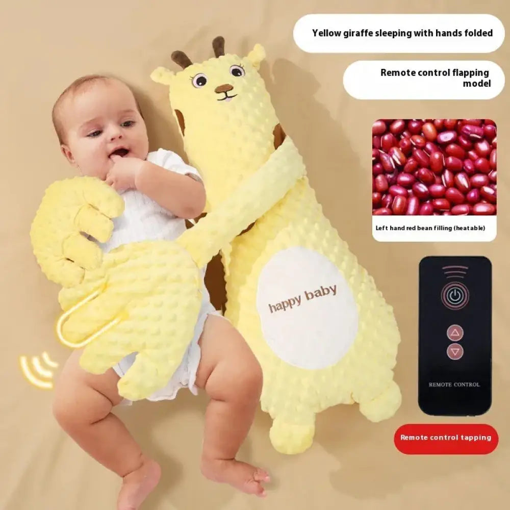 Yellow plush giraffe baby comforter with soft textured fabric and remote-controlled heating for soothing comfort