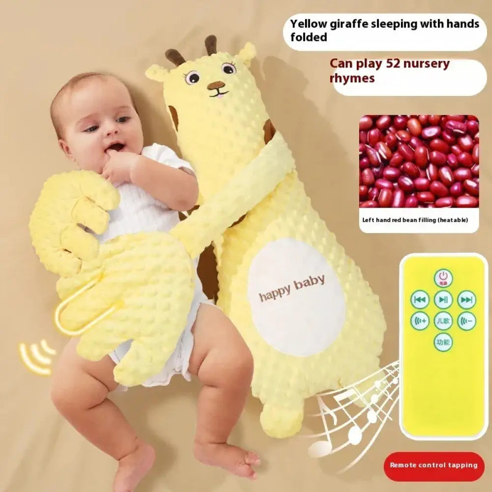 Yellow giraffe-shaped remote controlled exhaust soothing baby plush pillow with textured fabric and red bean filling