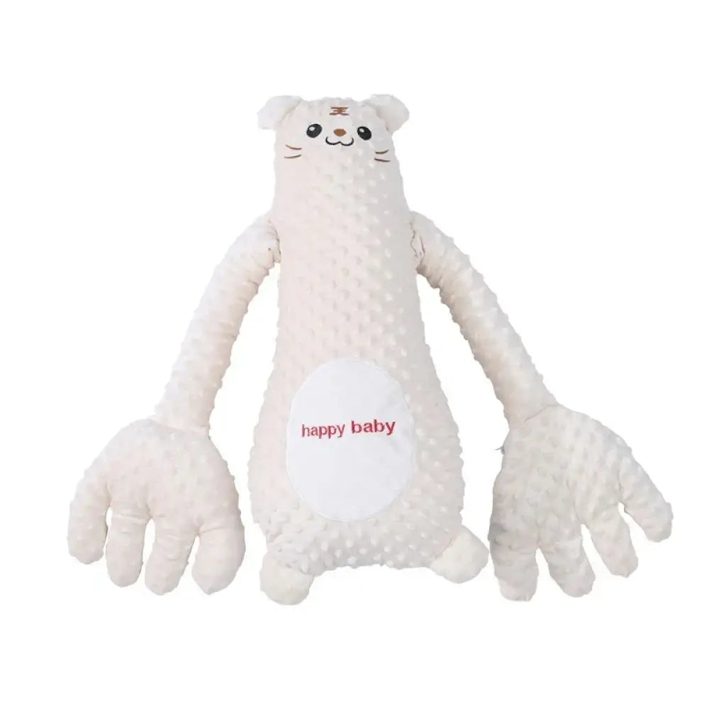 A soft white plush remote controlled exhaust soothing baby pillow with a cute cat face and long arms ending in hands