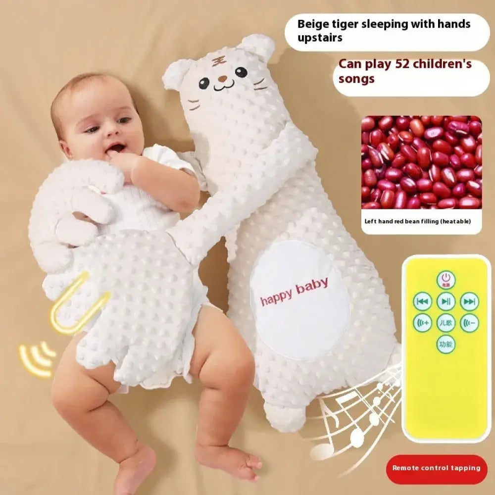 Beige plush cat-shaped baby sleeper with red bean filling and happy baby patch in remote controlled exhaust soothing pillow