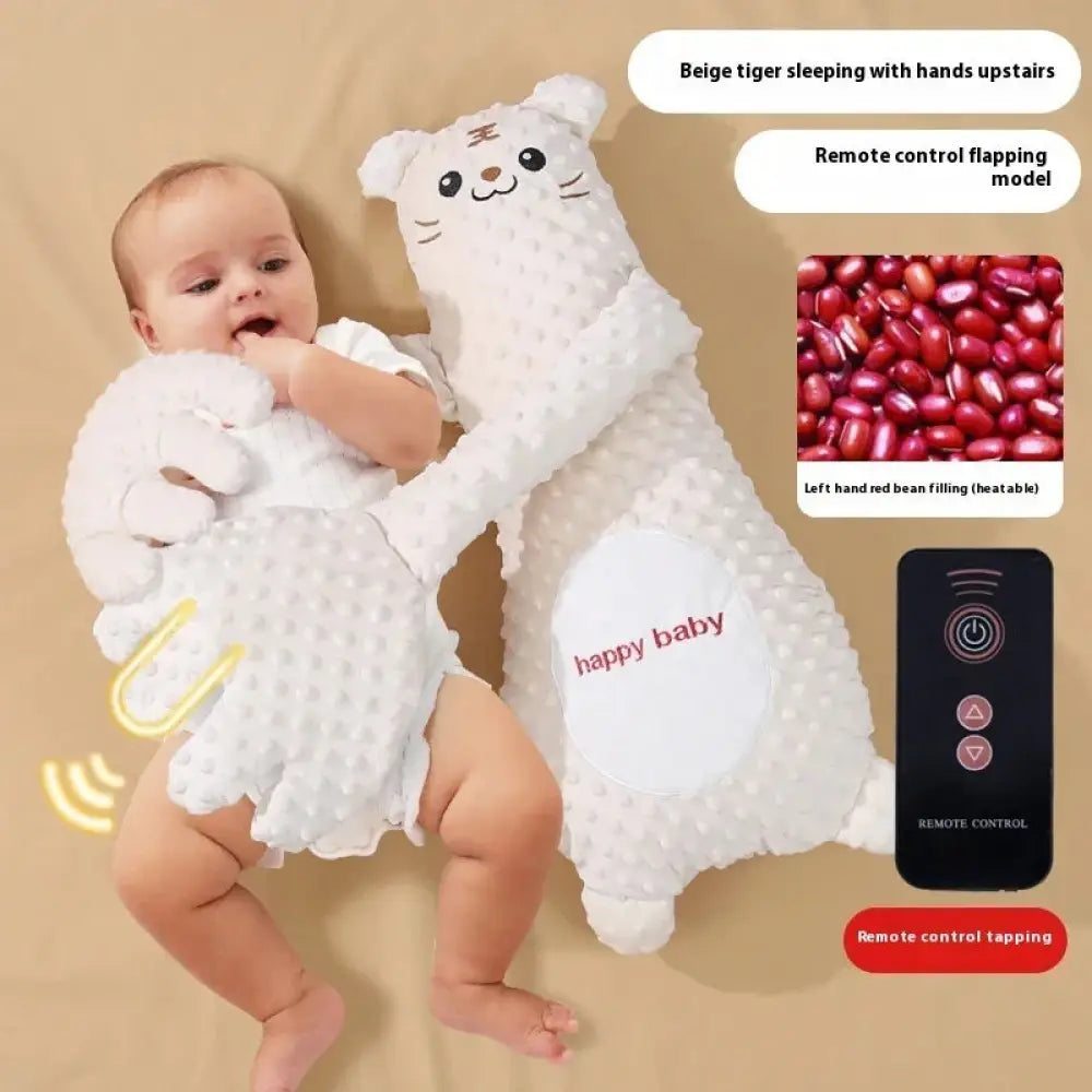 Beige remote controlled exhaust soothing baby plush pillow shaped like a tiger with textured surface and red bean filling