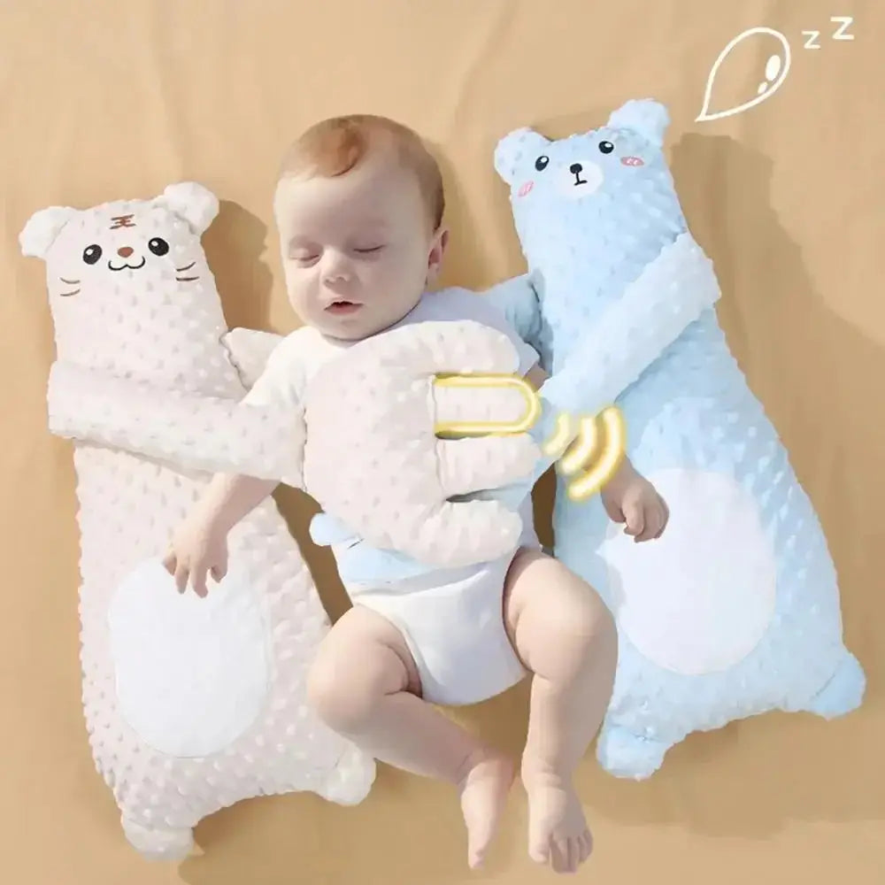 Soft white and light blue plush bear-shaped remote controlled baby sleep positioners with embroidered features
