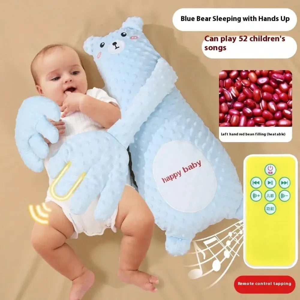 Light blue plush bear-shaped remote controlled exhaust soothing baby pillow with textured surface and embroidered happy baby belly