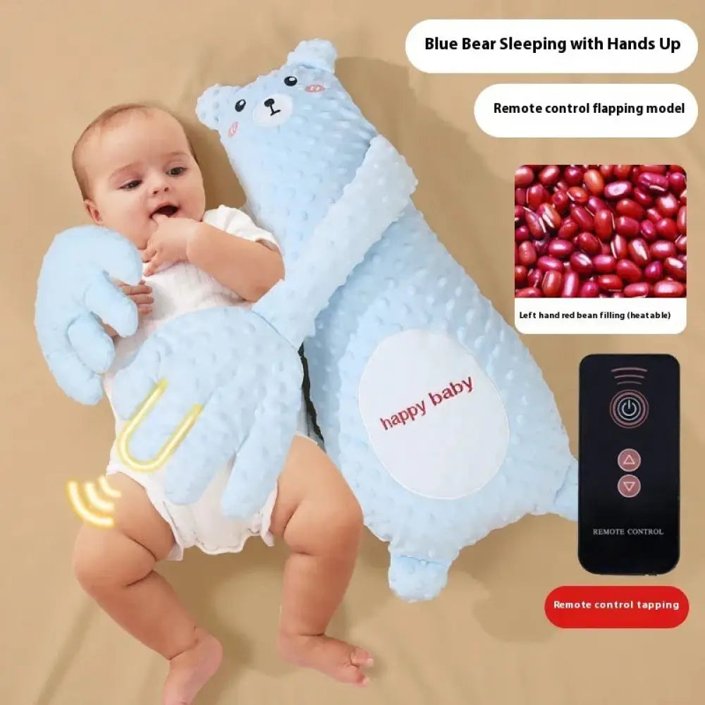 Light blue plush bear-shaped remote controlled exhaust soothing baby pillow with textured surface and happy baby patch