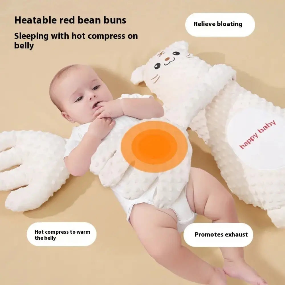 White plush cat-shaped hot compress pillow with orange heating pad on belly remote controlled soothing baby plush pillow