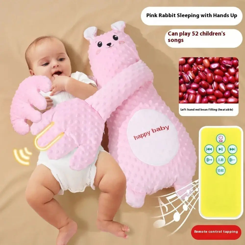 Pink plush rabbit remote controlled exhaust soothing baby plush pillow with textured surface and happy baby patch