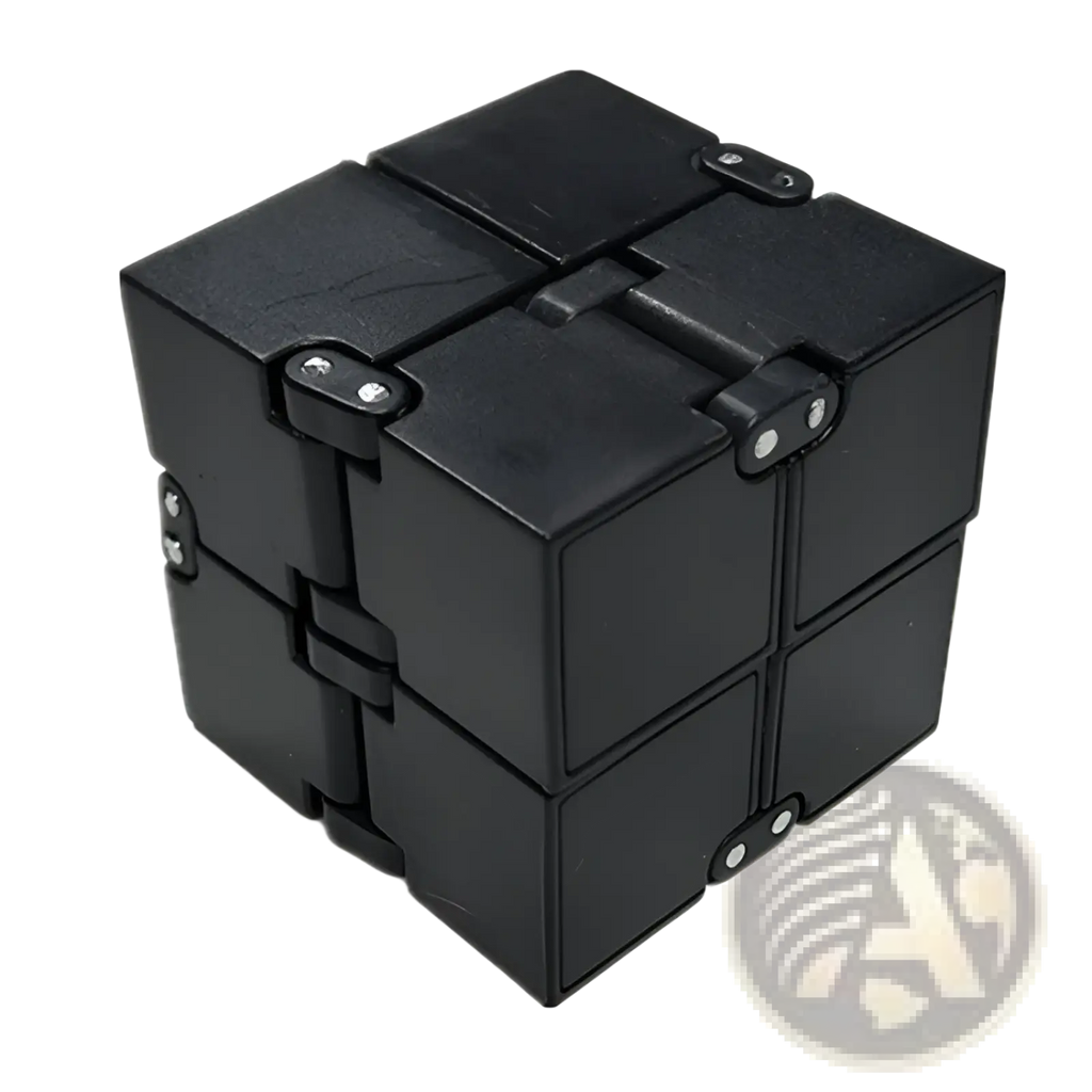Black plastic infinity cube fidget toy with interlocking segments and silver rivets for stress relief and ADHD