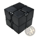 Black plastic infinity cube fidget toy with interlocking segments and silver rivets for stress relief and ADHD