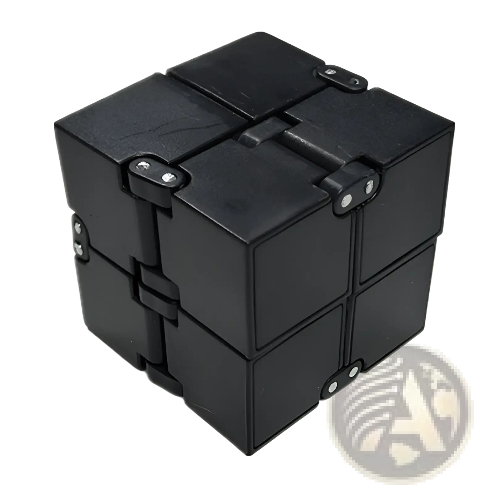 Black plastic infinity cube fidget toy with interlocking segments and silver rivets for stress relief and ADHD