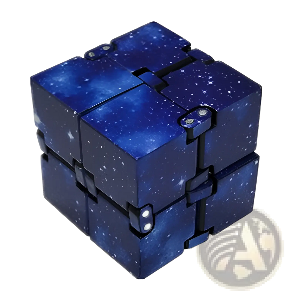 Infinity cube fidget toy with deep blue galaxy starry design and interlocking metal segments for stress relief and adhd