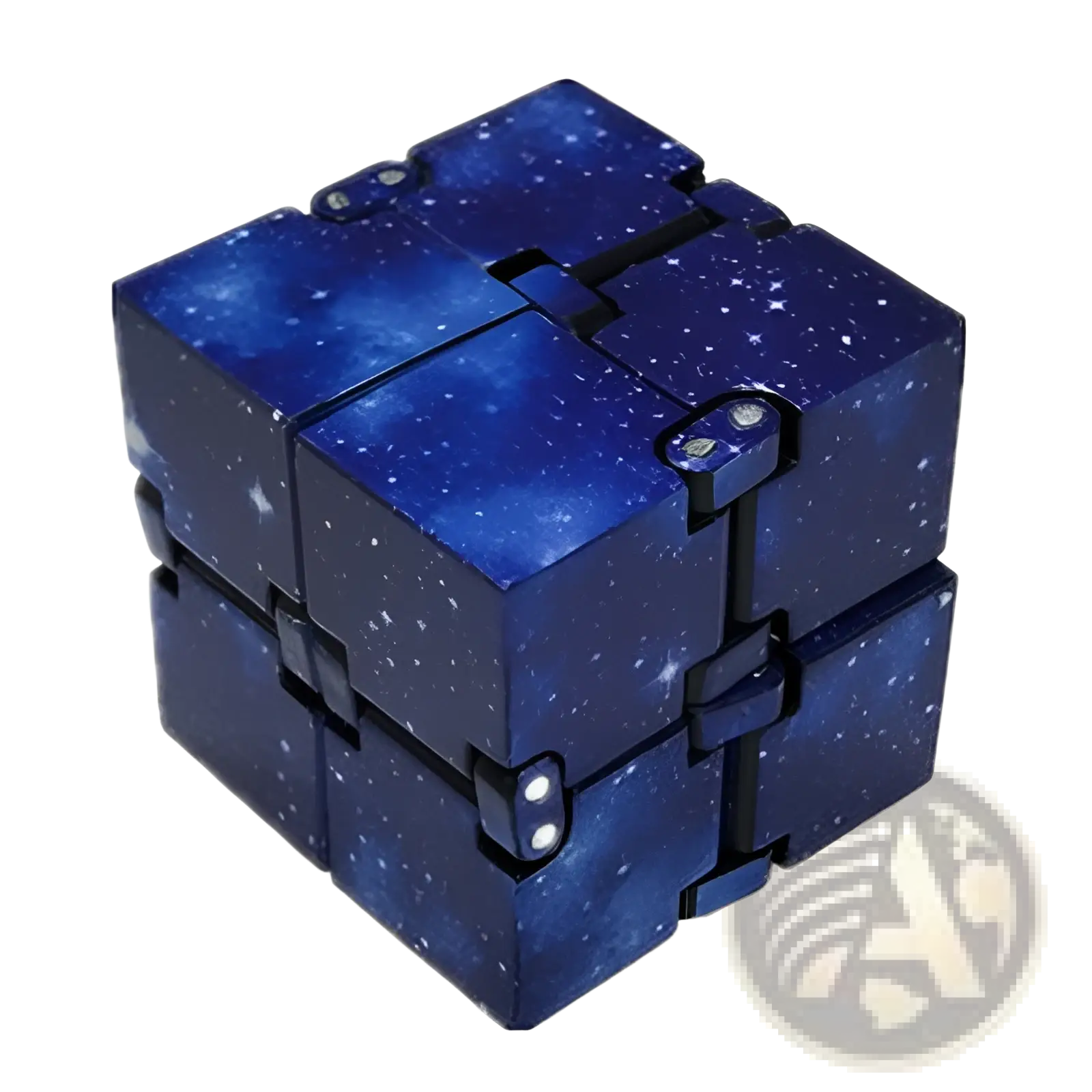 Infinity cube fidget toy with deep blue galaxy starry design and interlocking metal segments for stress relief and adhd