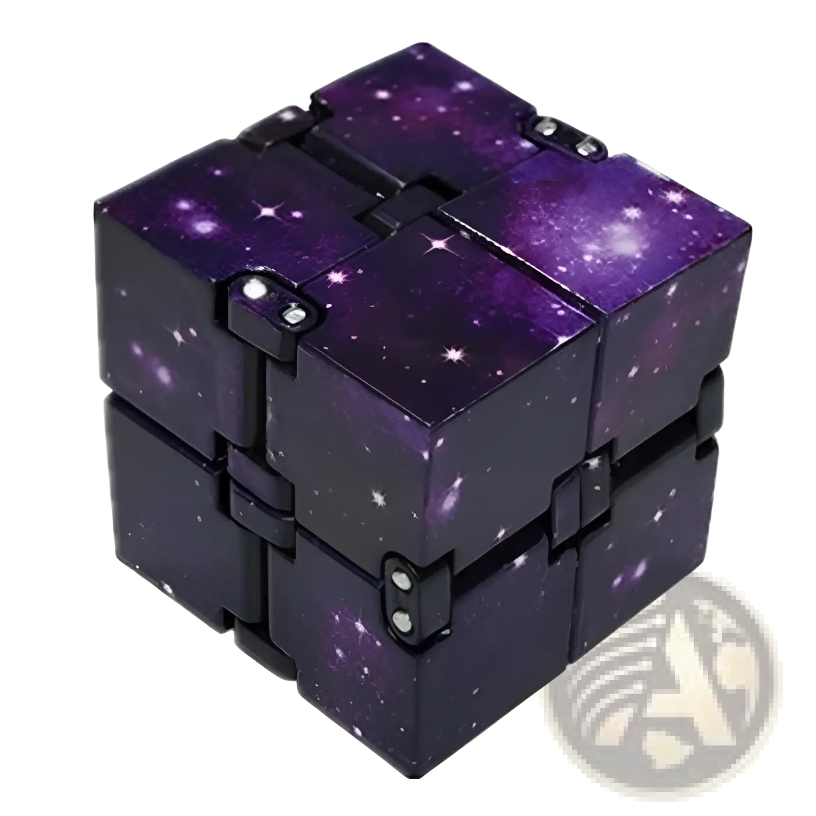 Purple galaxy-themed infinity cube fidget toy with black hinges and silver accents for stress relief and ADHD