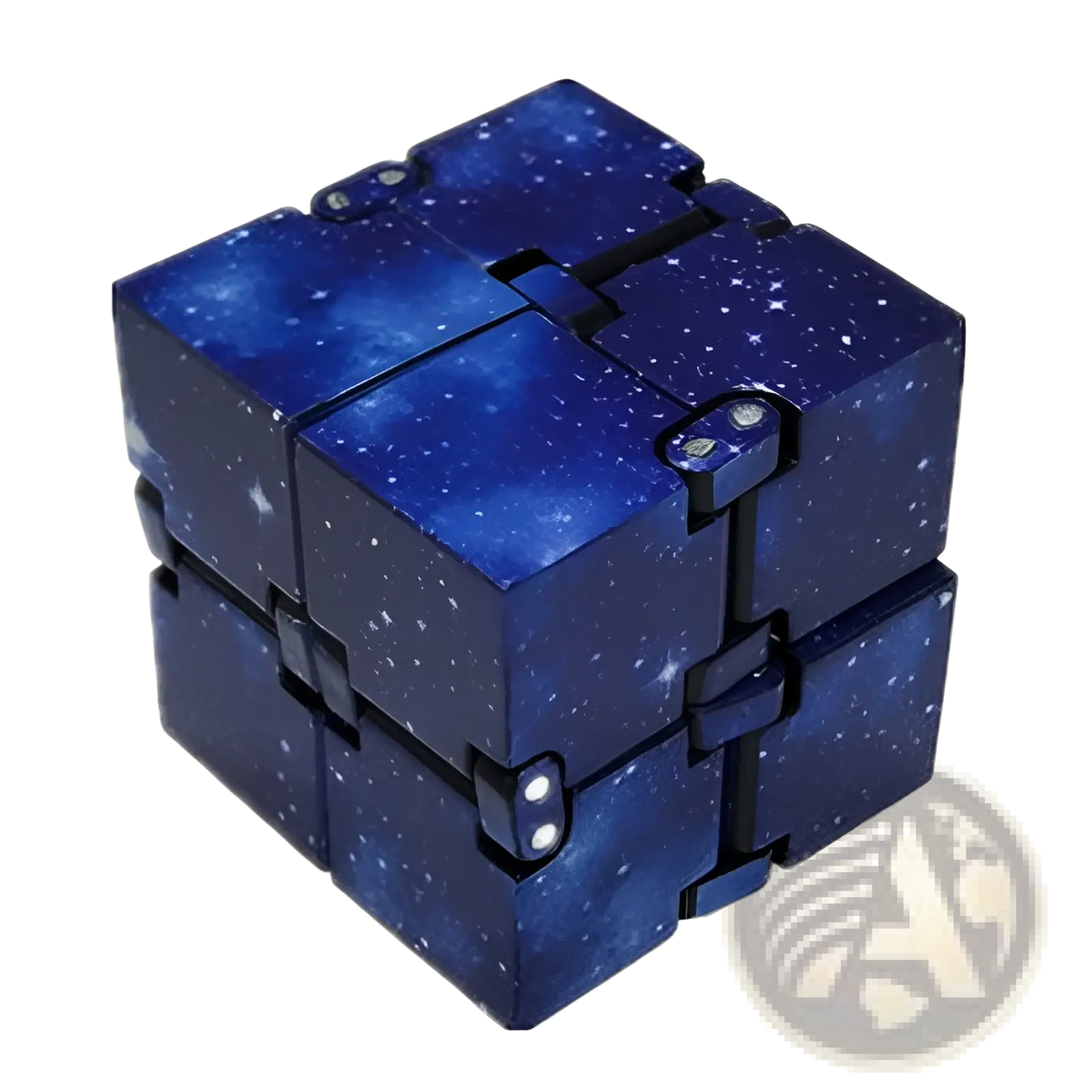 Infinity cube fidget toy deep blue galaxy-themed with starry design and interlocking metal segments for stress relief and ADHD