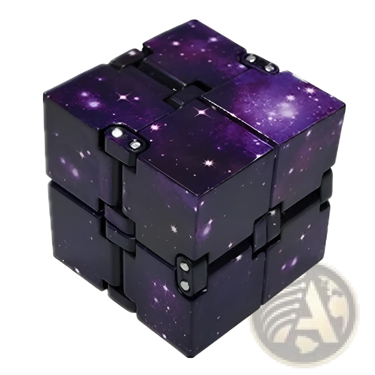 Purple galaxy-themed infinity cube fidget toy with black hinges and silver accents for stress relief and ADHD