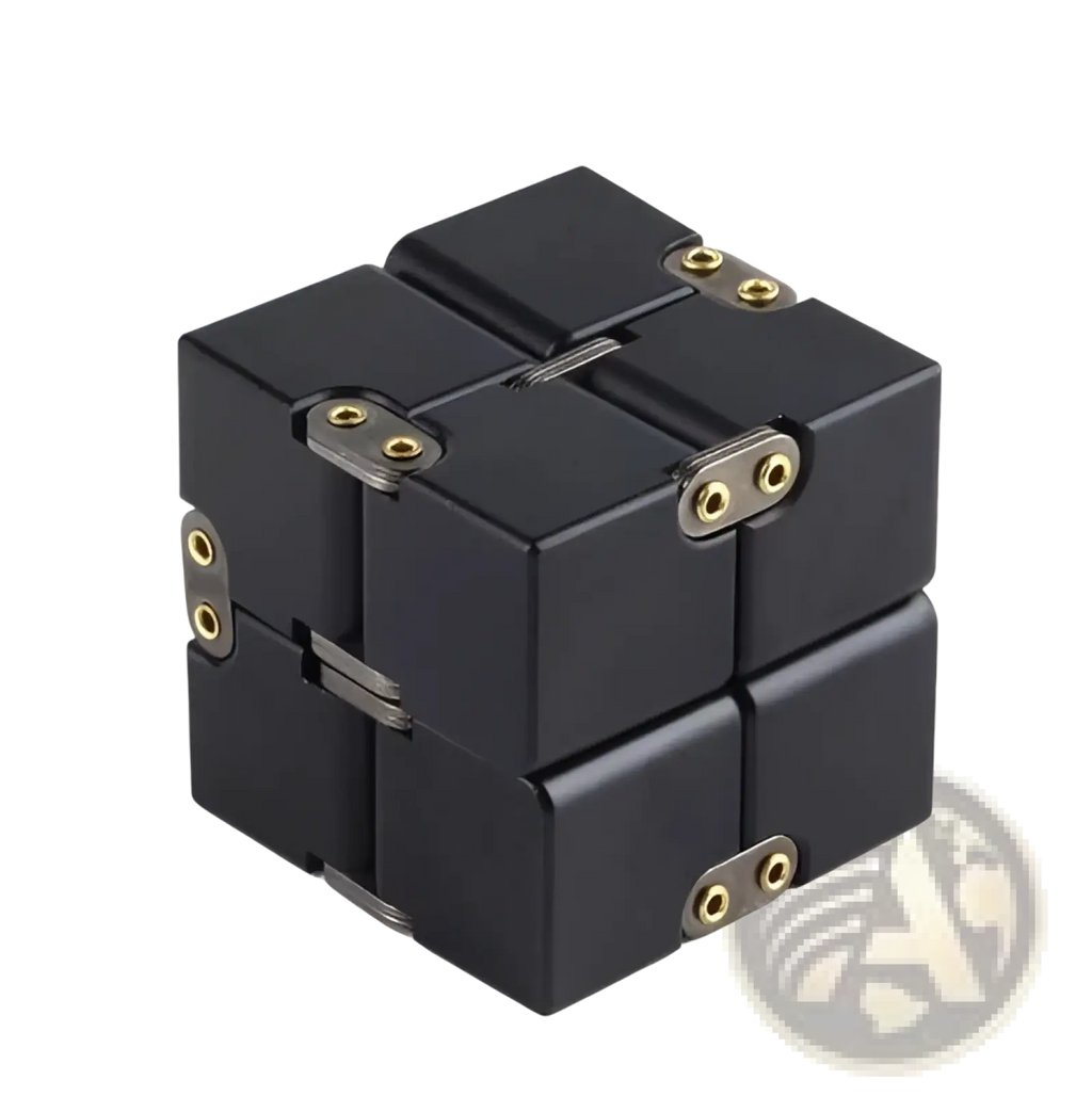 Black infinity cube fidget toy with gold zinc alloy hinges and a 4cm side length for stress relief