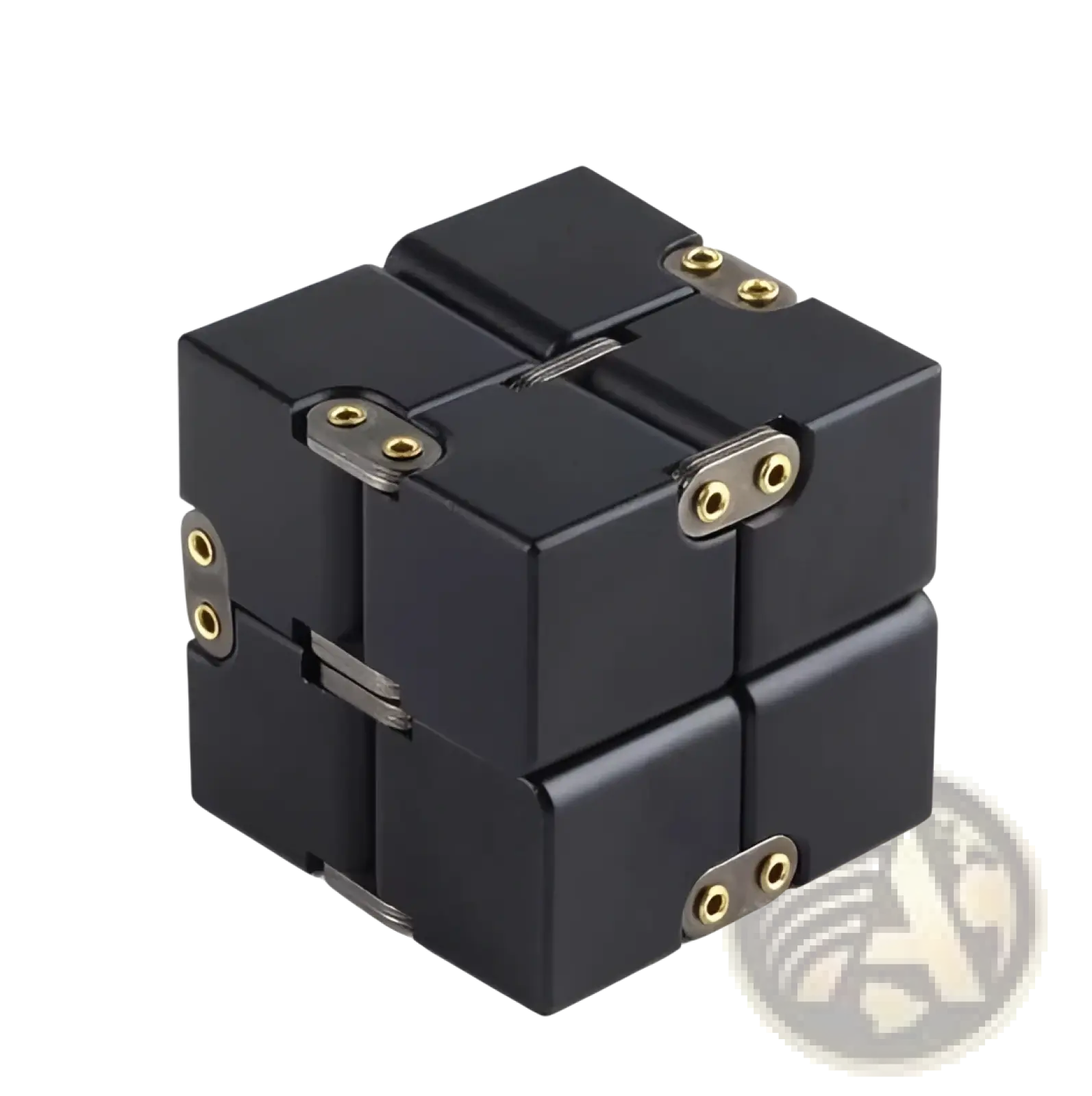 Black infinity cube fidget toy with gold zinc alloy hinges and a 4cm side length for stress relief