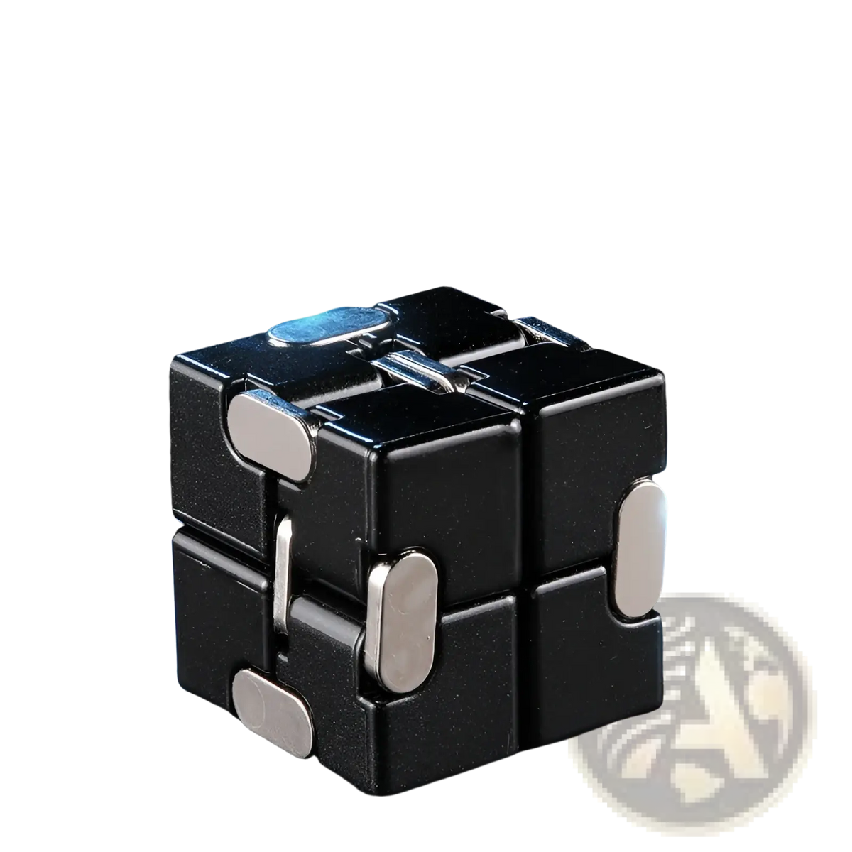 Black and silver infinity cube fidget toy made of zinc alloy with a sleek modular design for stress relief