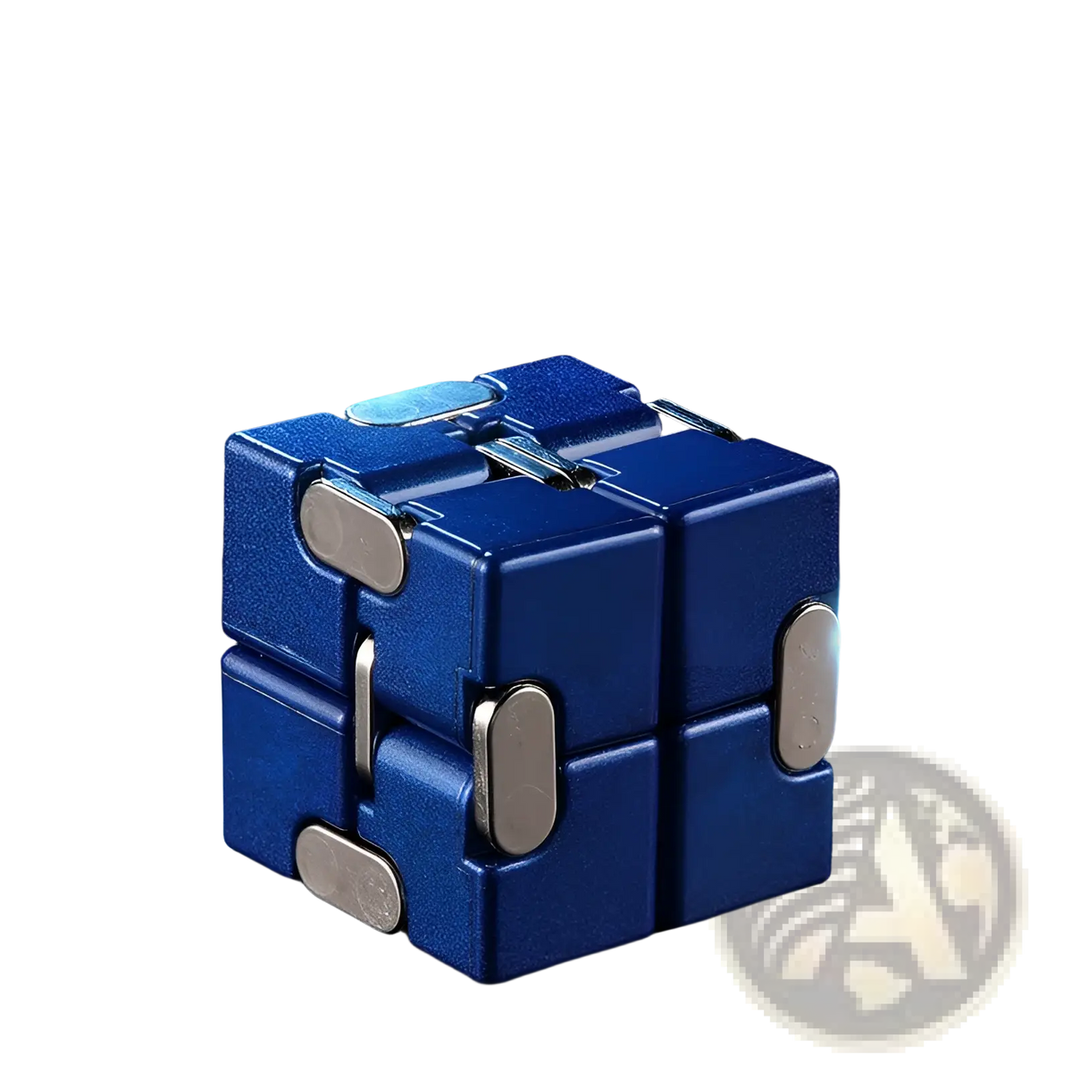 Blue metallic infinity cube fidget toy zinc alloy with silver sliding panels and glowing blue light for stress relief